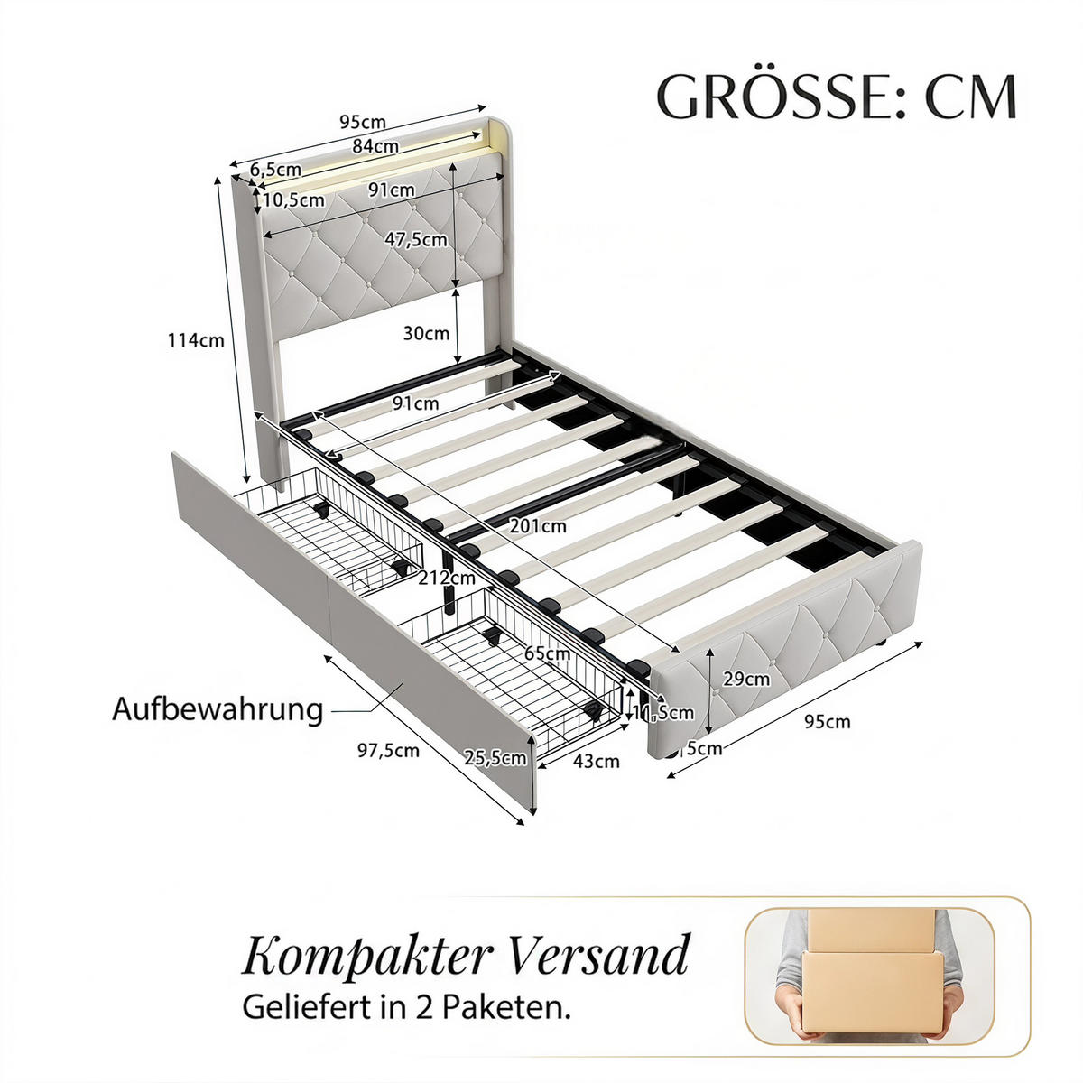 POLSTERBETT, LED-Beleuchtung Einzelbett 90x200cm mit Ladefunktion und 2 Schubladen, Samt, beige - Beige, Holz/Holzwerkstoff (90/200cm) - GENKI LIVING