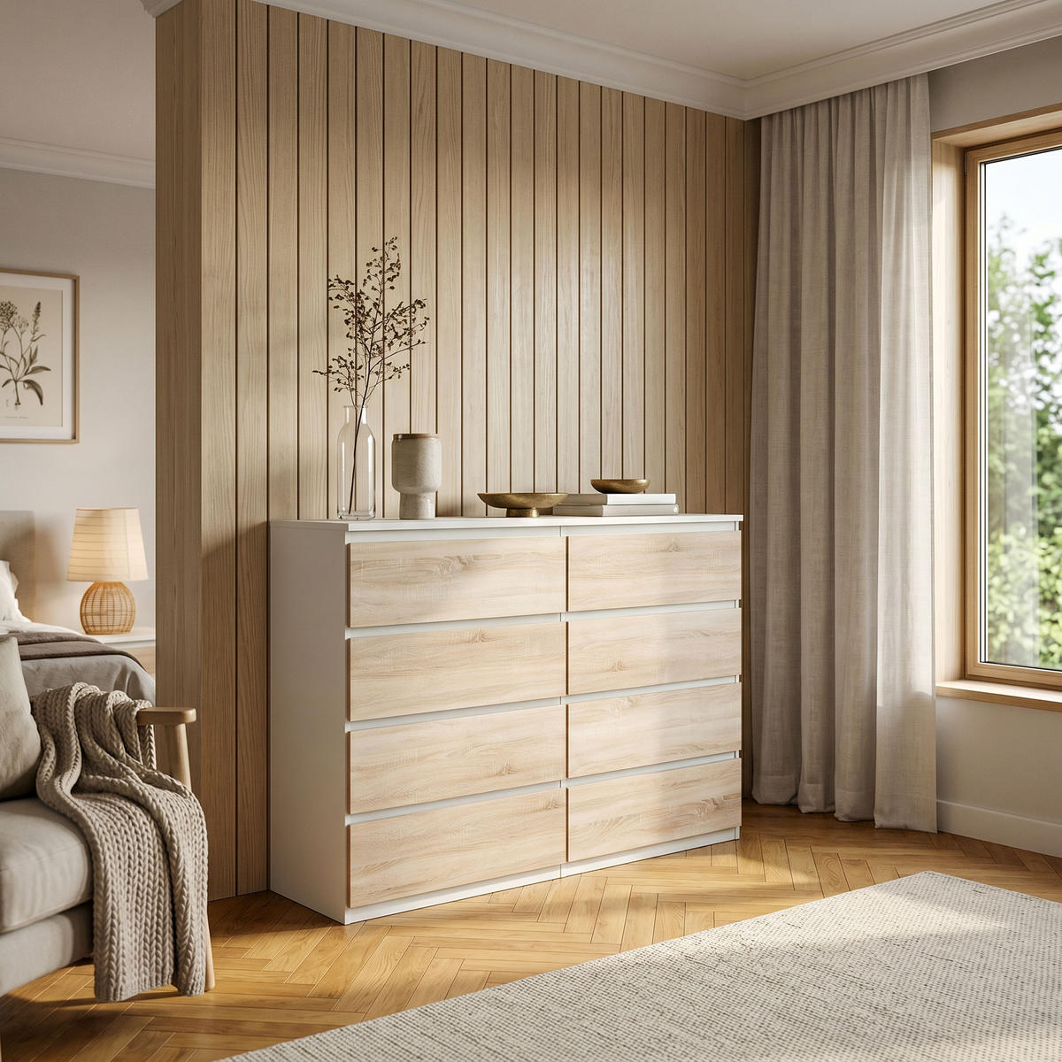 KOMMODE NUDO 138,5/101,5/39cm mit 8 Schubladen Türen Weiß - Weiß/Sonoma Eiche, Holzwerkstoff (138.5/101.5/39cm) - MASSENO