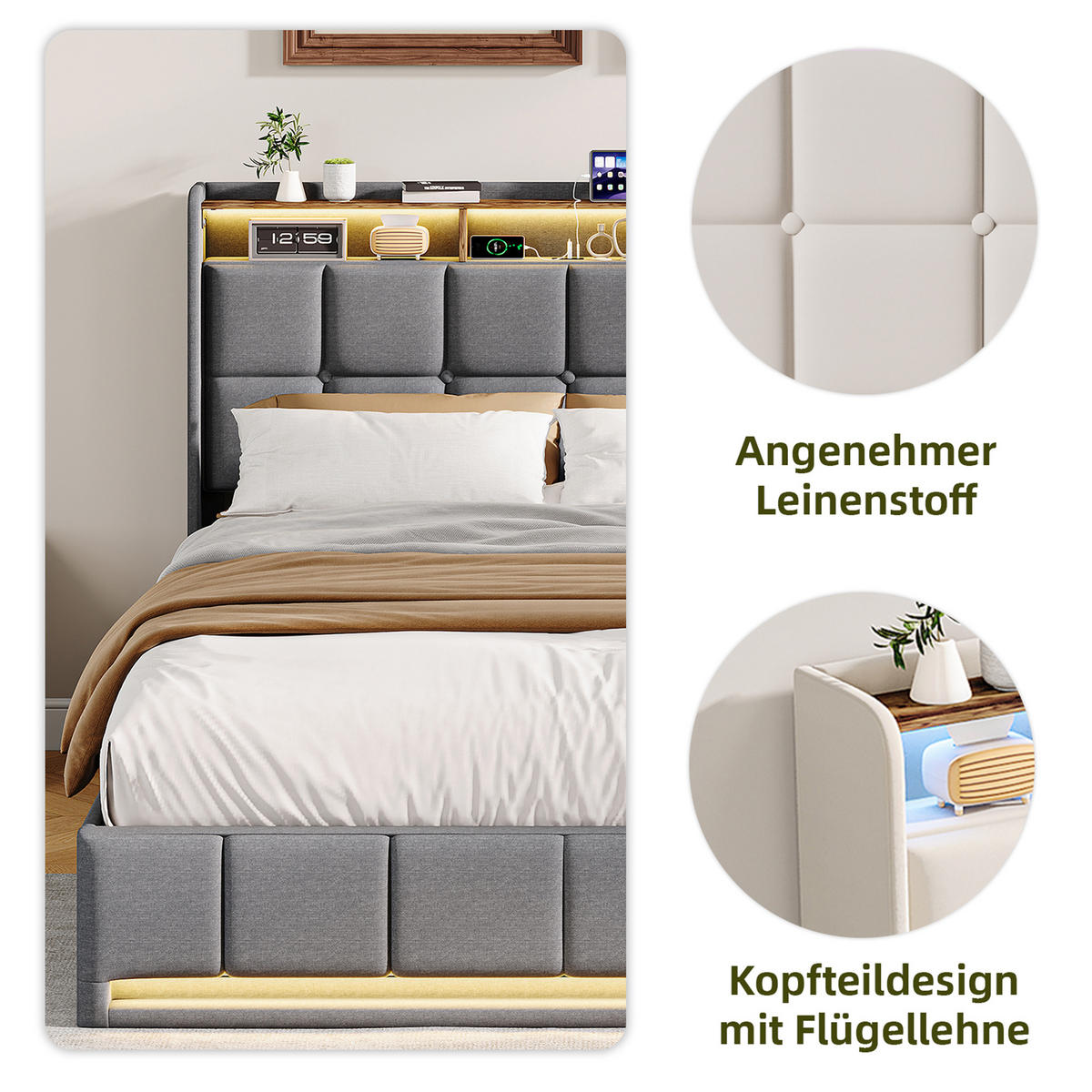POLSTERBETT 160x200 cm Grau mit LED Beleuchtung, Kopfteil mit Stauraum und USB/Type-C, hydraulisches Stauraumbett - Grau, Metall (160/200cm) - EuroLiving