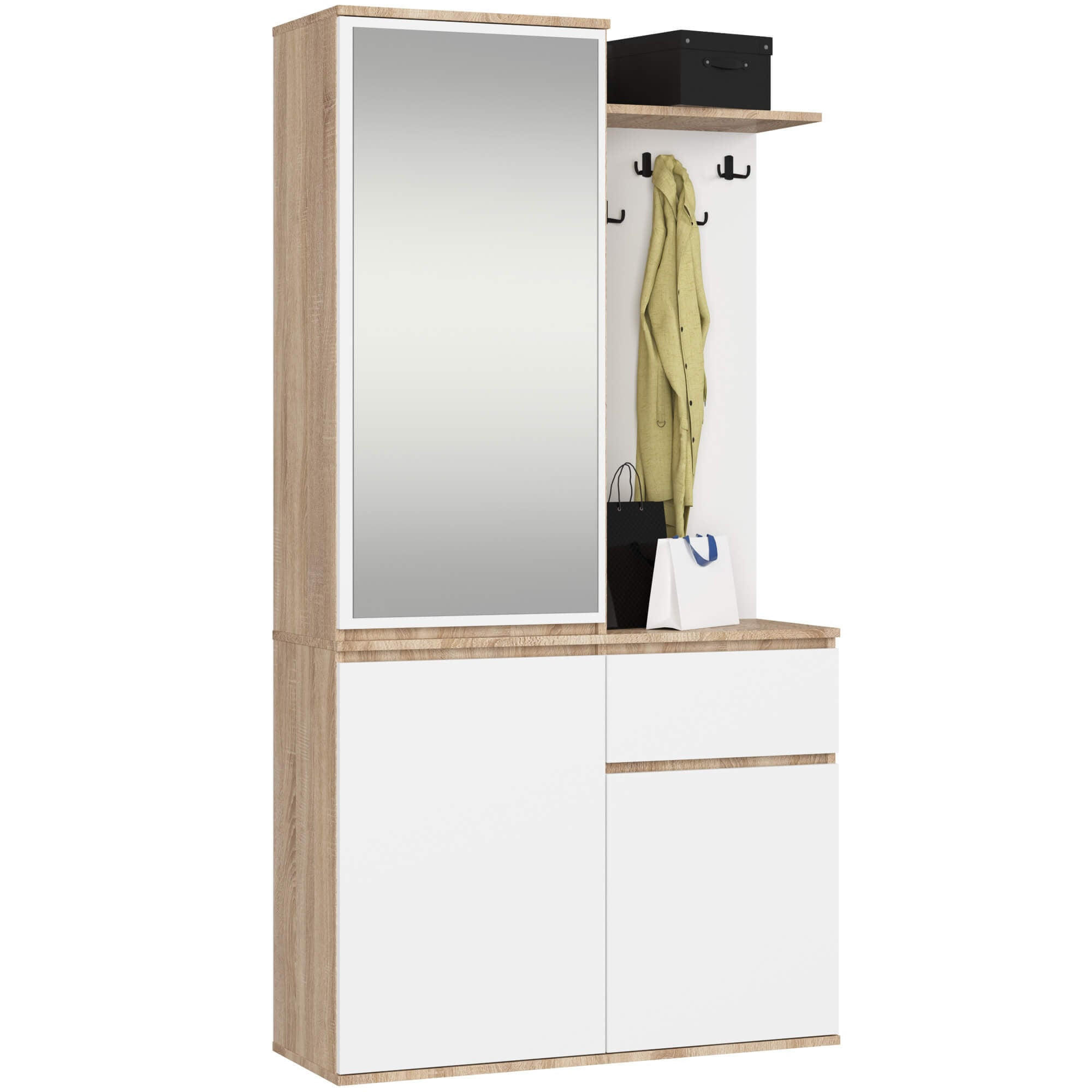 GARDEROBE Entro mit Spiegel, Sonoma Eiche/Weiß, 95x183x35 cm - Weiß/Sonoma Eiche, Holzwerkstoff (95/183/35cm) - Akord