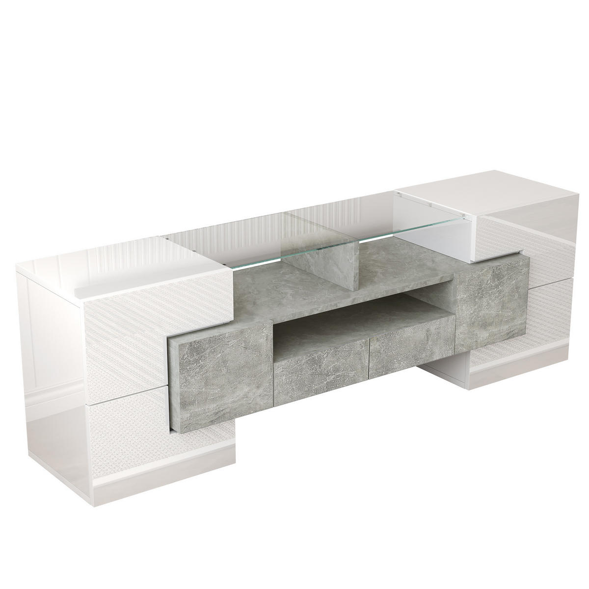 TV ormarić 145/30/51 cm bijelo-beton od iverice s LED rasvjetom i 6 vrata - bijela, drvni materijal (145/51/30cm) - OKWISH