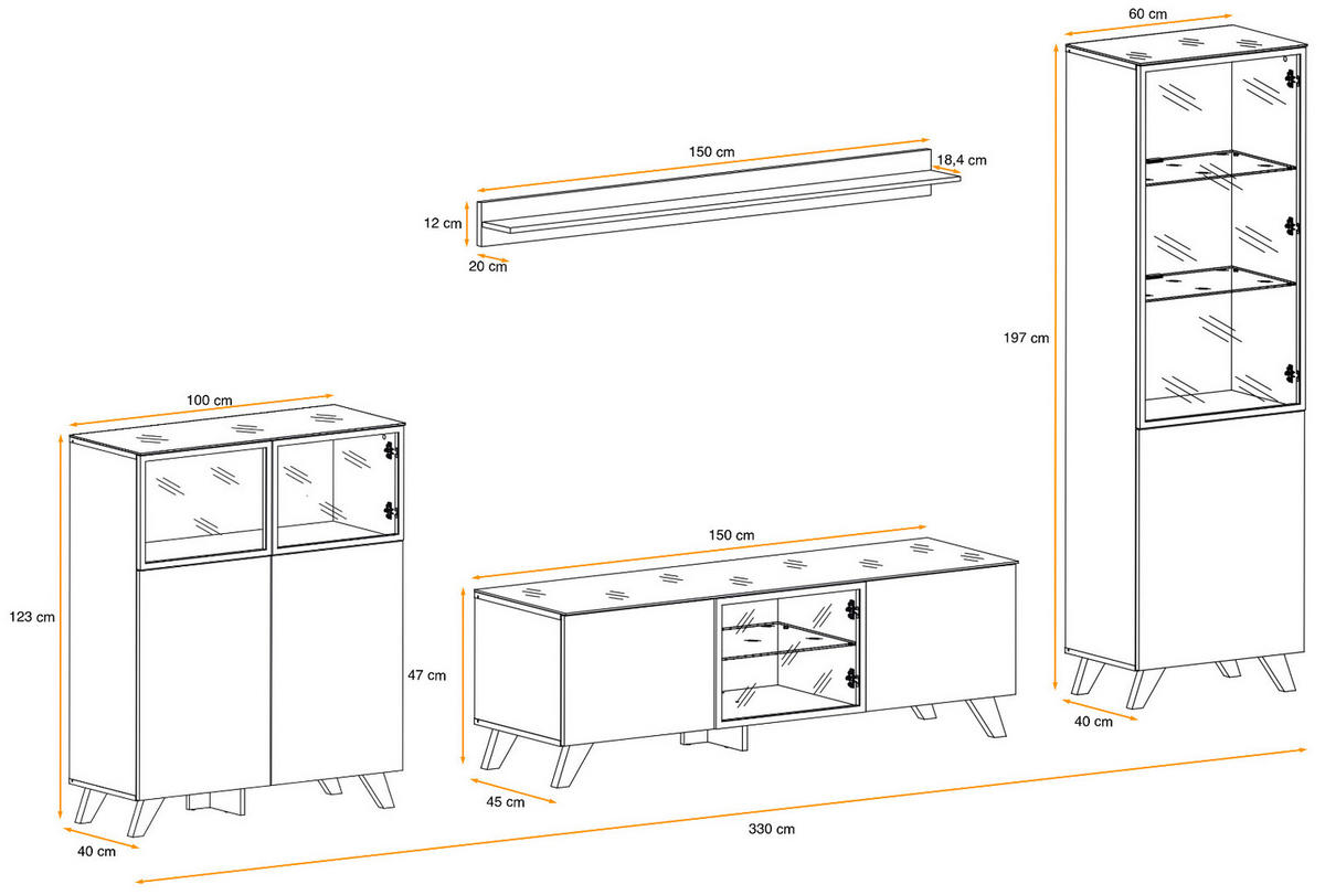 WOHNWAND Wotan Eiche, schwarz 330 cm, Schrankwand mit Kamin, inklusive LED - Eichefarben/Schwarz, Glas/Holz (330/197/45cm) - Inn.Furn