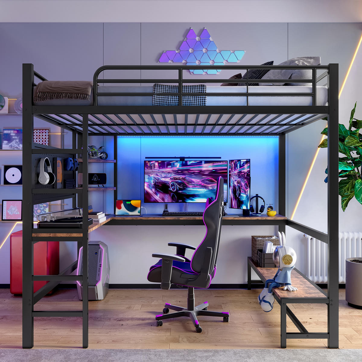 HOCHBETT 140/200 cm aus Metall mit Schreibtisch, LED-Leiste, Schwarz - Schwarz, Metall (140/200cm) - OKMYHOME