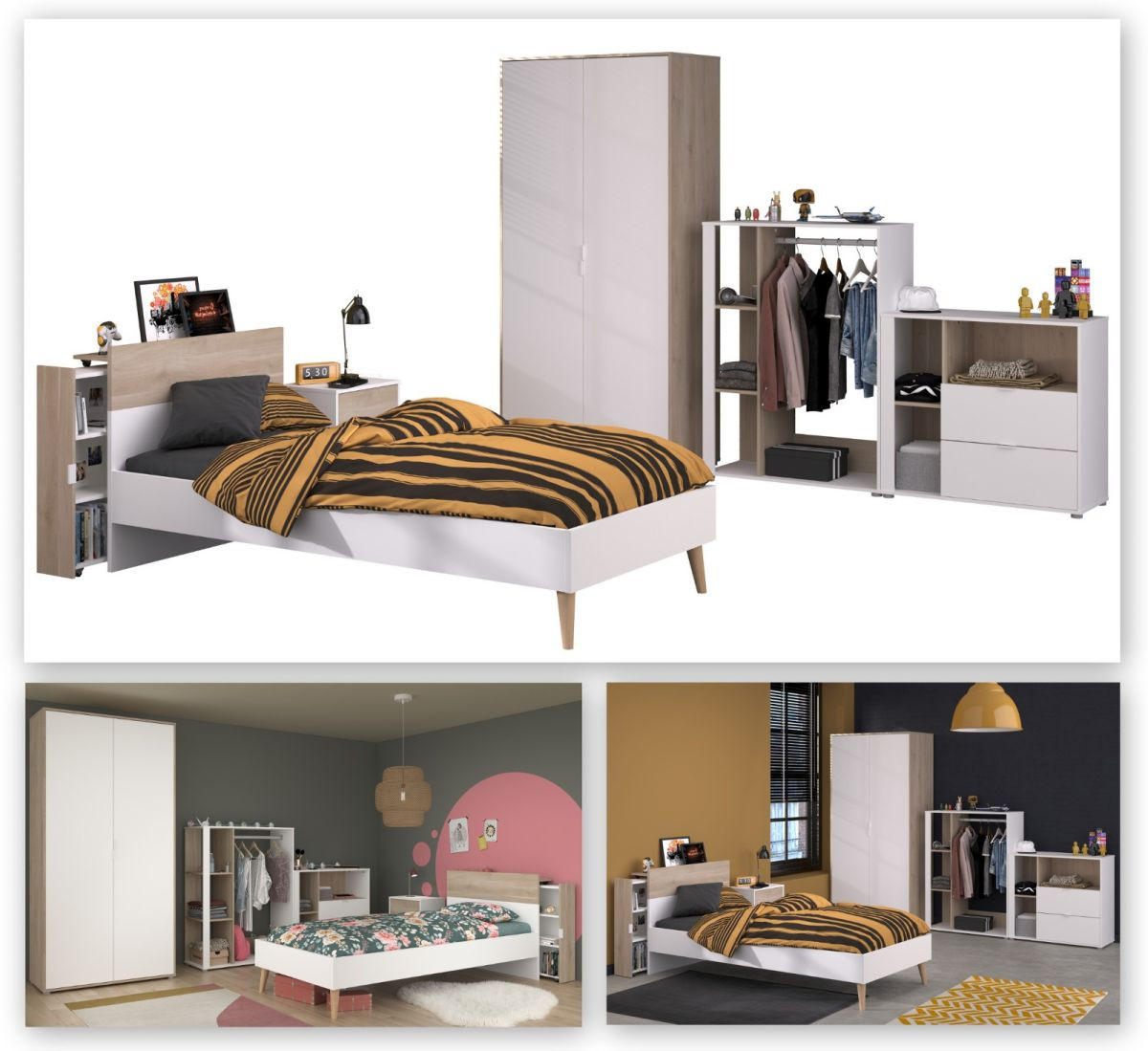 JUGENDZIMMER weiß, Eiche, Komplett-Set 6-teilig mit vielen Fächern - Eichefarben/Weiß, Holzwerkstoff (95/205/206cm) - Parisot Meuble