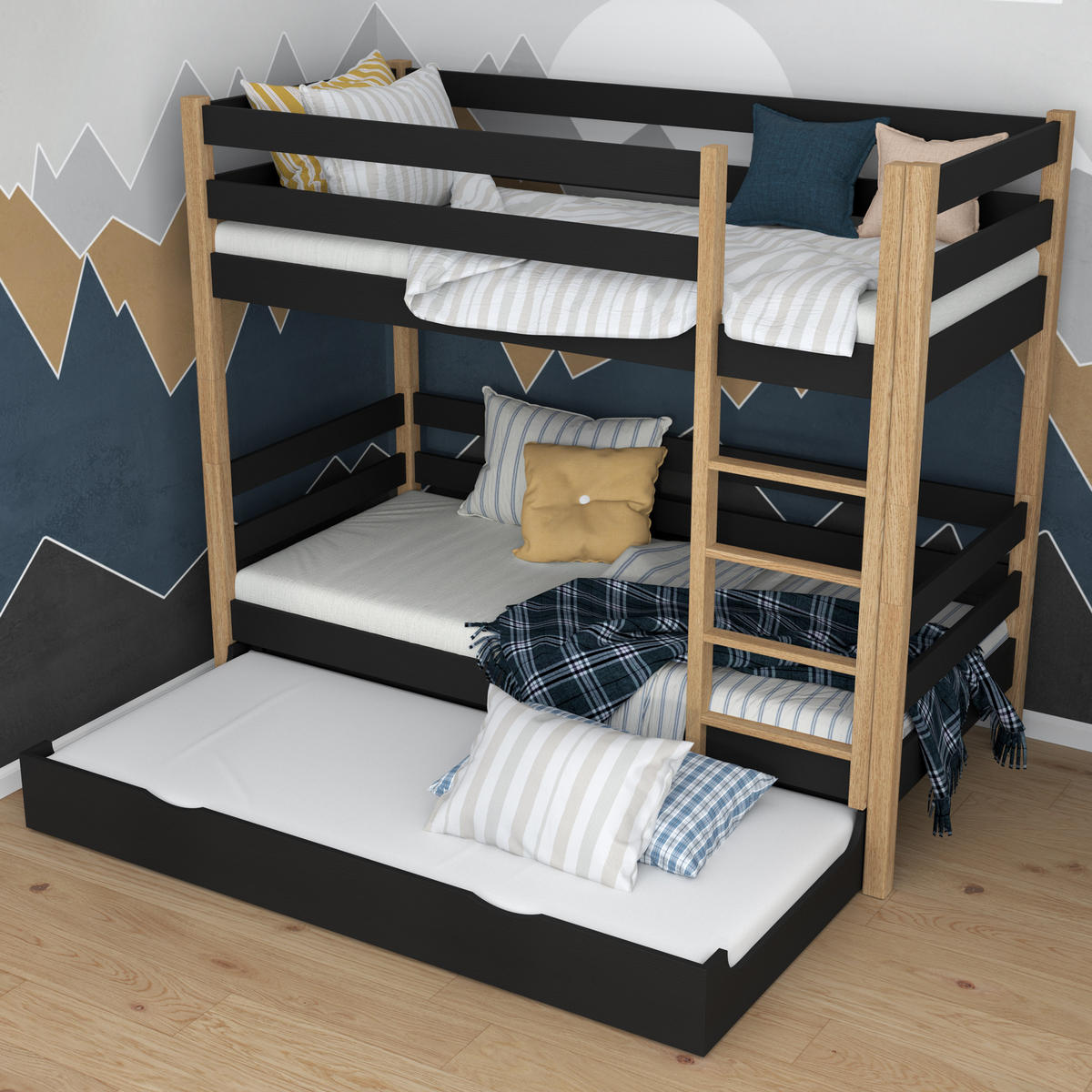 ETAGENBETT N01 mit Matratzenschublade Schwarz / Eiche Natur 120/180 - Schwarz/Eiche Artisan, Naturmaterialien/Holz (120/180cm) - N-Wood