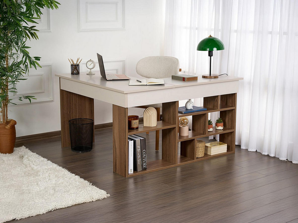 SCHREIBTISCH - 129 cm x 120 cm - Holz, Platte - Naturfarben Dunkel, Beige LILEUL - Beige/Naturfarben, Holz (120/129/72cm) - Vente-Unique
