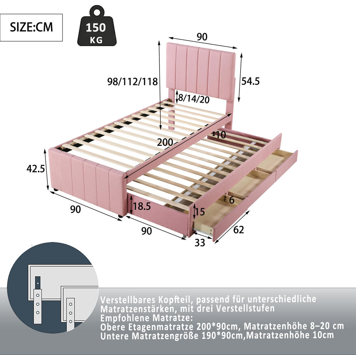 POLSTERBETT aus Leinen 90x200 cm in Rosa mit Ausziehbett & 3 Schubladen - Rosa, Textil (90/200cm) - Modfu