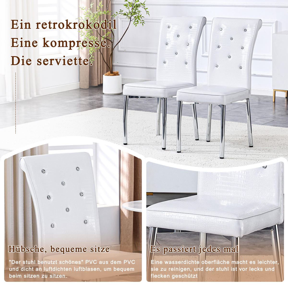 STUHL-SET DE-36775 4 Stück mit Krokodil-Prägung und Kristallknopf-Details Schwarz - Weiß, Metall (42/101/61.5cm) - ComfortXL