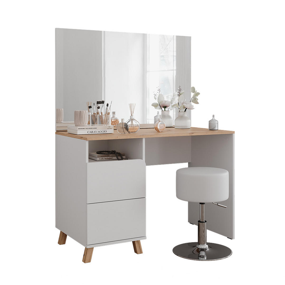 SCHMINKTISCH Karen Weiß/Artisan 110 cm mit Hocker - Weiß/Eiche Artisan, Holzwerkstoff (110/75/55cm) - Vicco