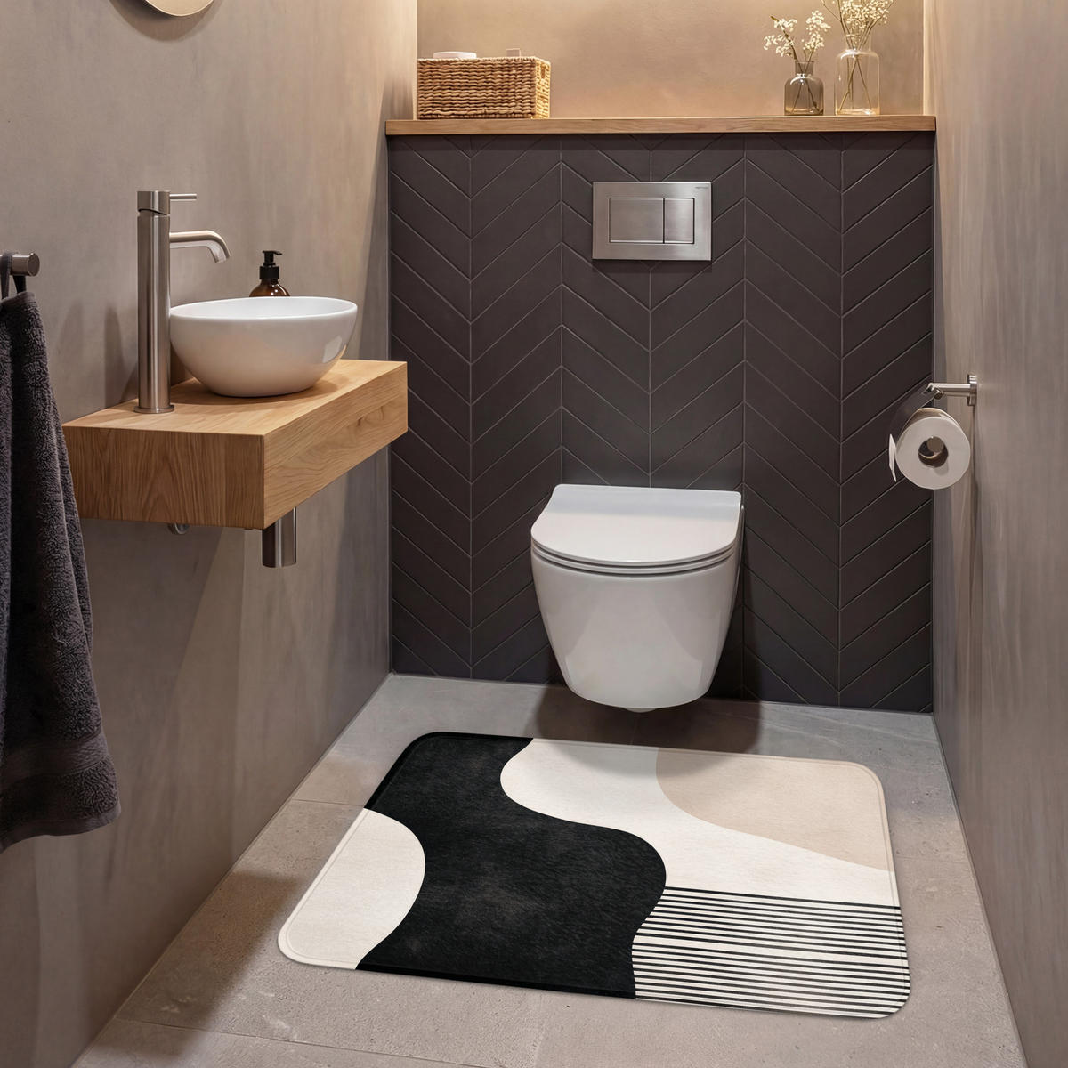 WC-VORLEGER Abstrakt - Japandi - Beige - Modern Toilettenteppich 90x60 cm - Beige, Kunststoff/Textil (90/1cm) - OnlyWow