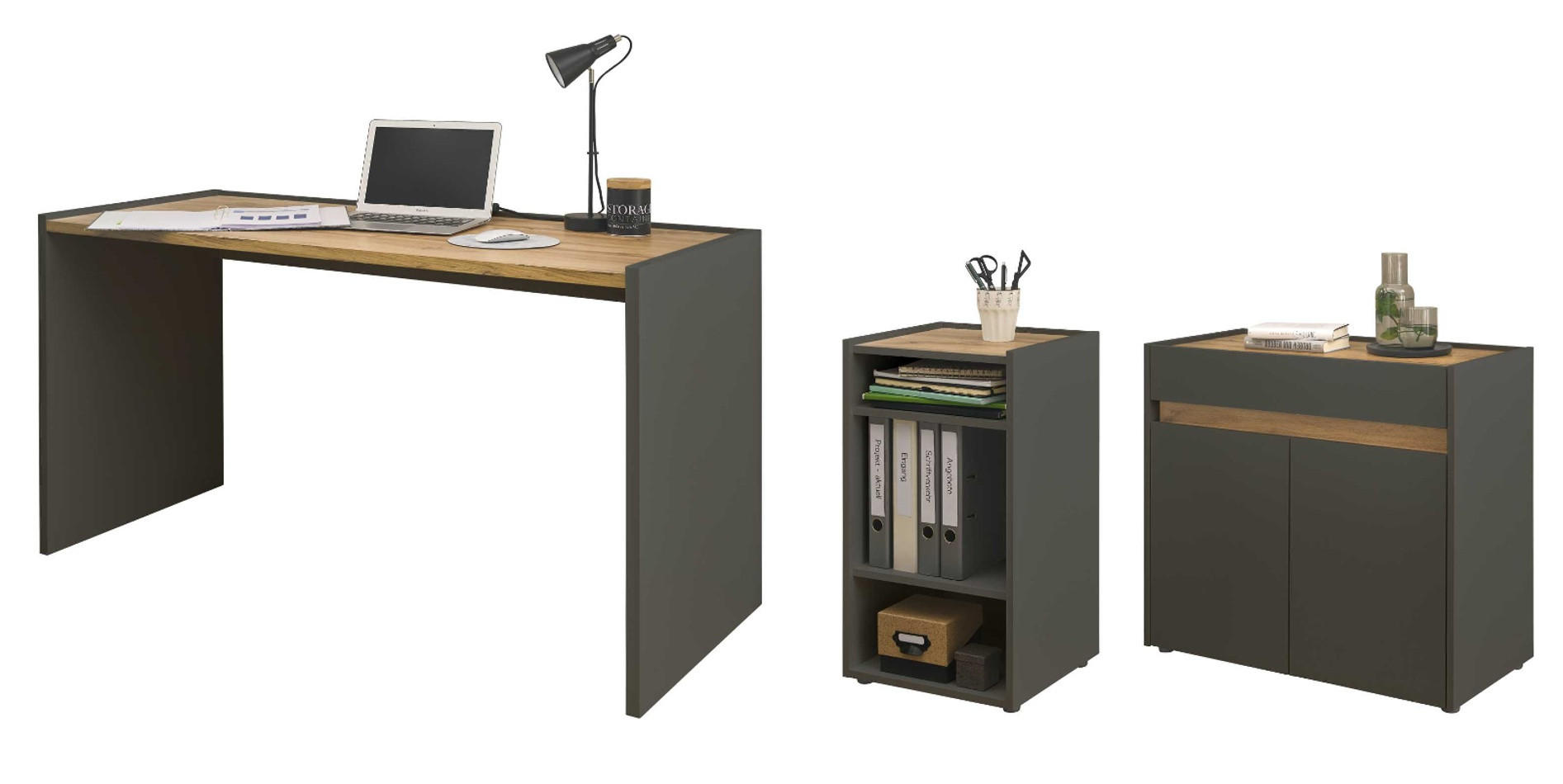 SCHREIBTISCHKOMBINATION 3-teilig grau matt, Eiche Wotan 143 cm, Büromöbel Set mit Aktenregal und Kommode - Eiche Wotan/Schwarz, Holzwerkstoff/Kunststoff (140/143/76cm) - Furn.Design