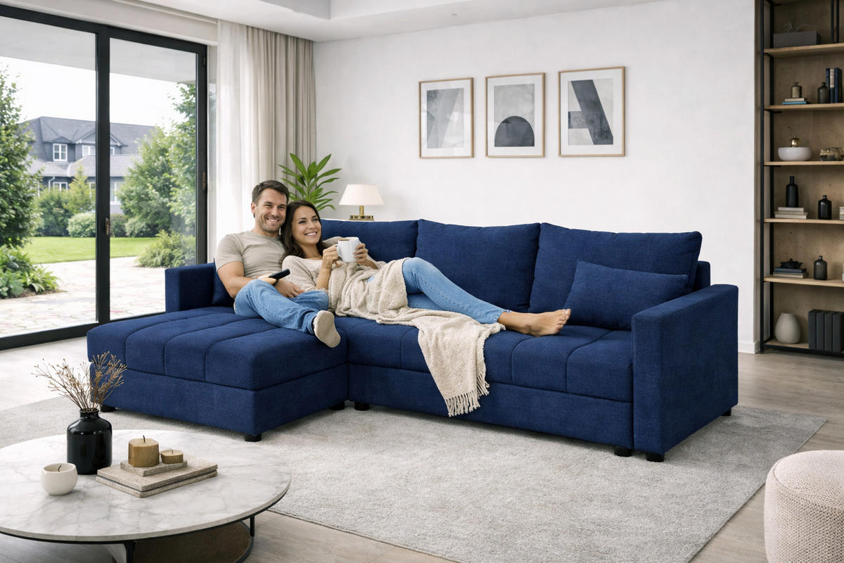 WOHNLANDSCHAFT AURELIA– Ecksofa in L-Form mit Schlaffunktion Bettkasten & Kissen Stoff KRONOS 226 cm Blau - Blau, Kunststoff (226/140cm) - Wohnideebilder