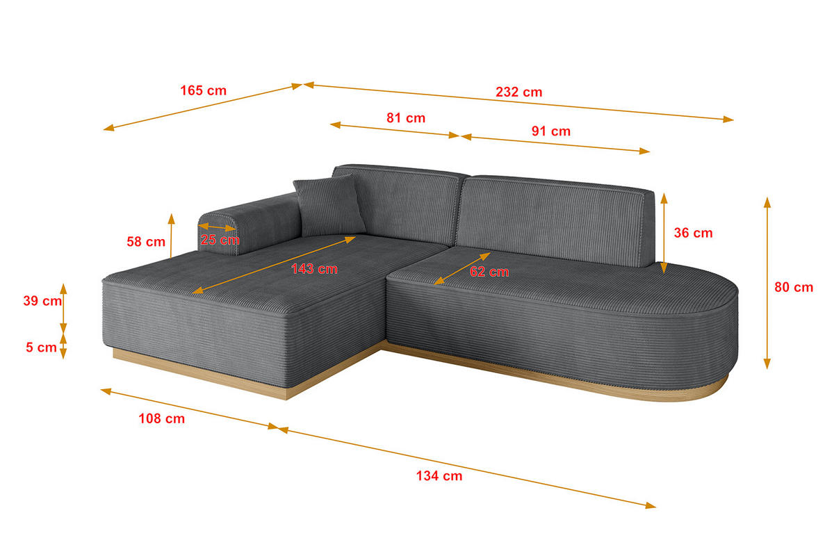 ECKSOFA Ottomane Links IREA-L1-v2 - 232x165x80 cm Duneklgrau - Dunkelgrau, Holzwerkstoff/Textil (232/165cm) - ALTDECOR