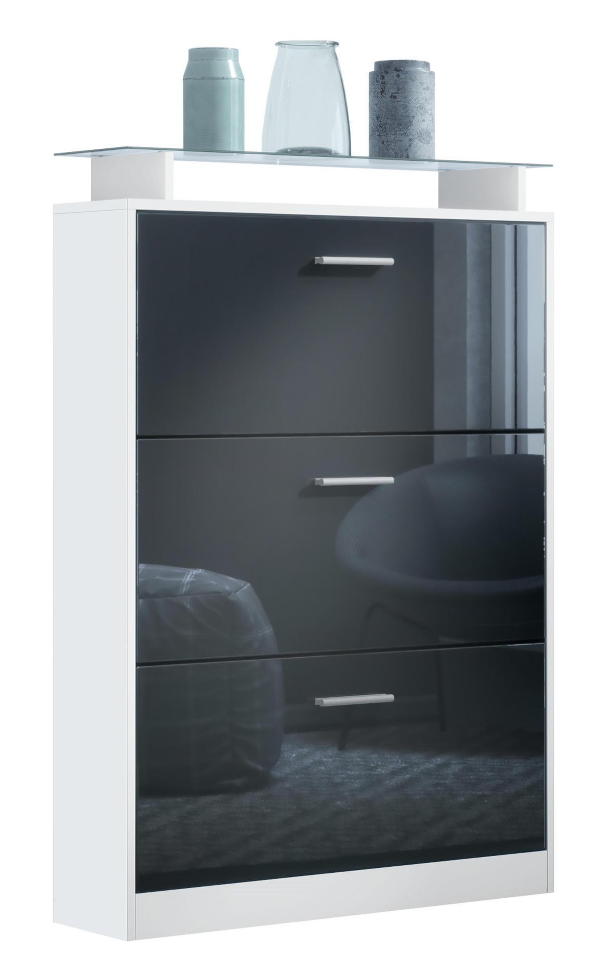 SCHUHSCHRANK Lavia Front in Schwarz Hochglanz - Schwarz Hochglanz, Holzwerkstoff (89/128/23cm) - Vladon