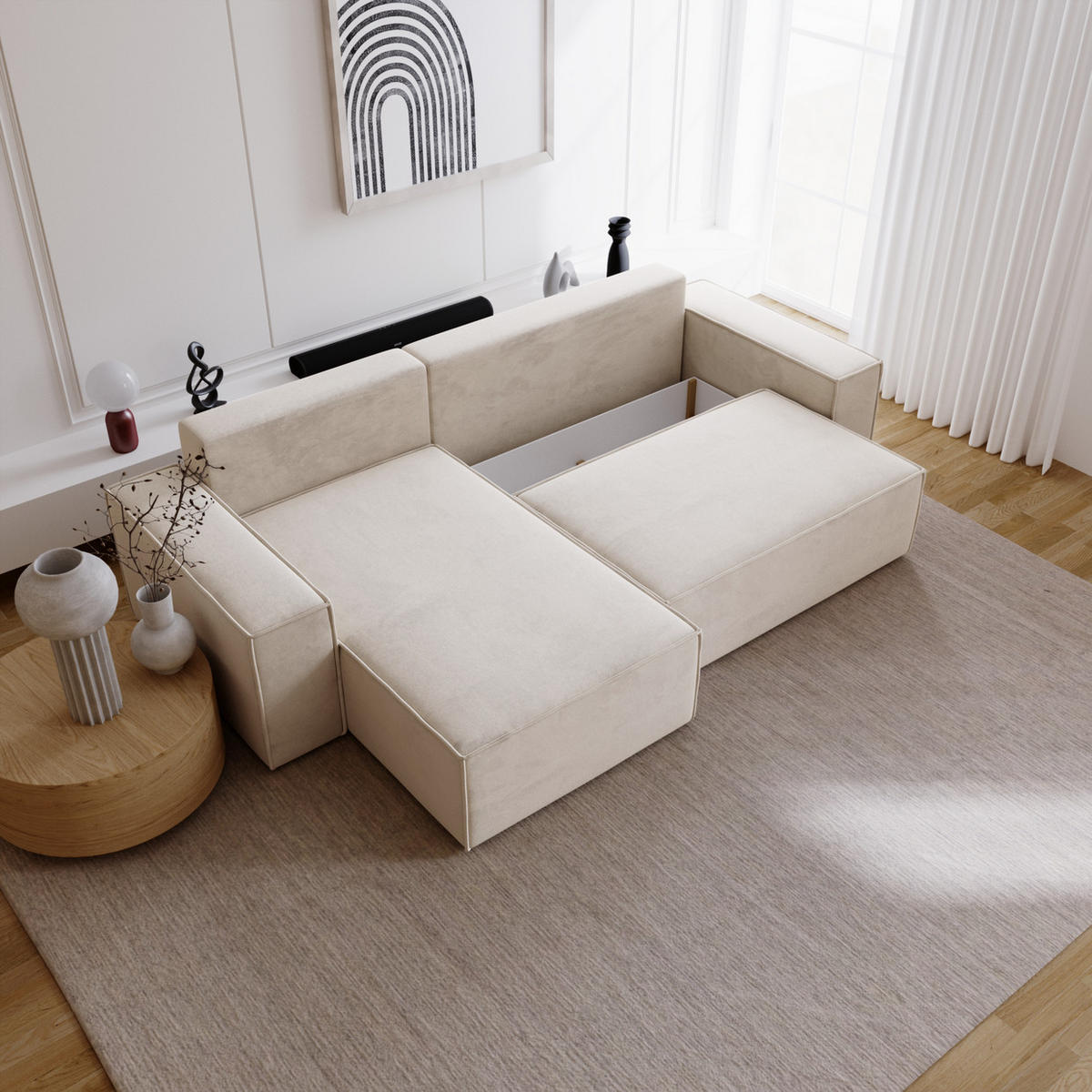 ECKSOFA mit Schlaffunktion Bergamo L 280 cm, Samt, Links - Vanille - Ecru, Holz (277/189cm) - Emporius