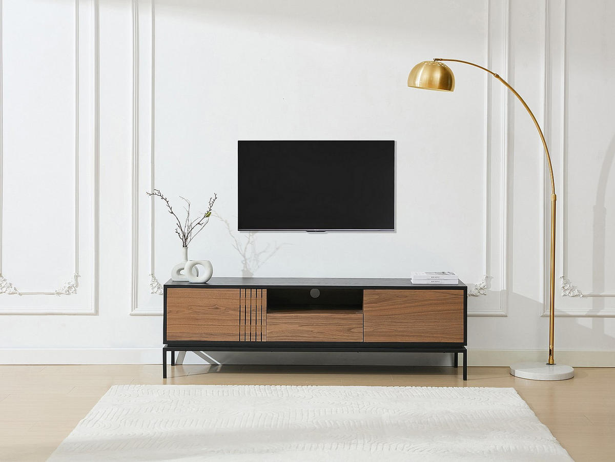 TV-MÖBEL mit 2 Türen, 1 Schublade & 1 Ablagefach - Nussbaumfurnier & Metall - Holzfarben dunkel & Schwarz - ZINORI - Schwarz, Metall (40/55/180cm) - Vente-Unique
