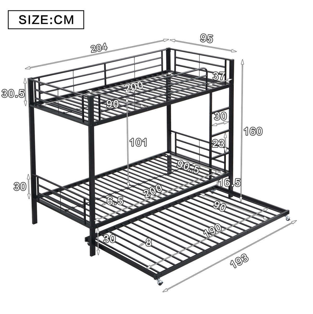ETAGENBETT mit Ausziehbett 90x200 cm Metall Schwarz - Schwarz, Metall (90/200cm) - Beauniv