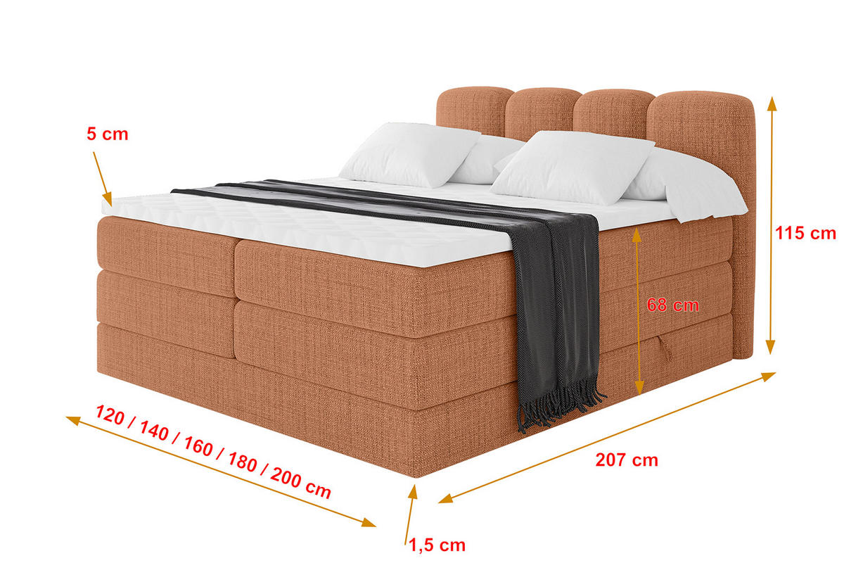 BOXBETT mit Matratze H3|H4 - NINA KING - 160x200 cm - Apricot - Orange, Holzwerkstoff (160/200cm) - ALTDECOR