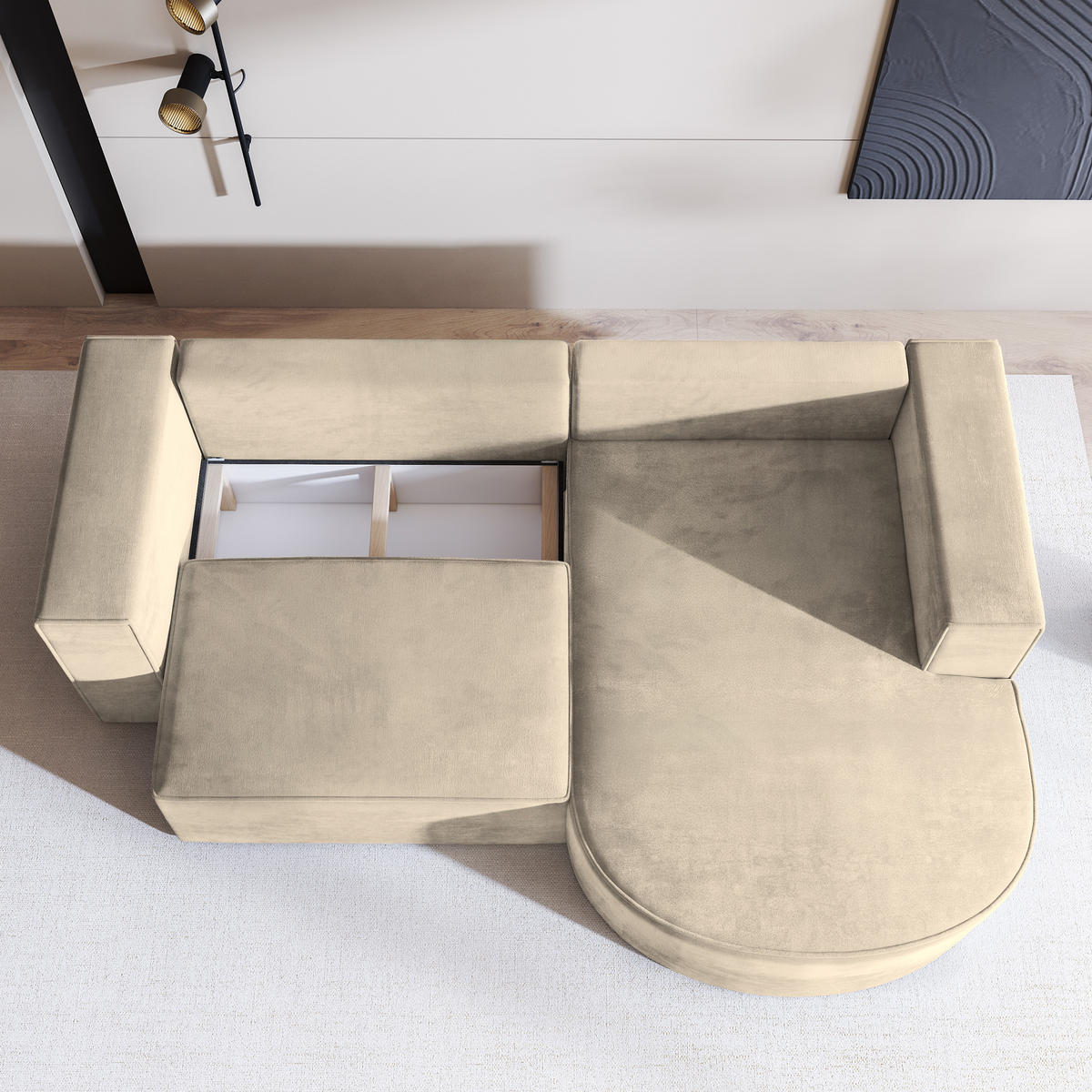 ECKSOFA SORELA M R-S Creme Velours-Stoff mit Schlaffunktion - Creme, Holz (263/174cm) - MASSENO