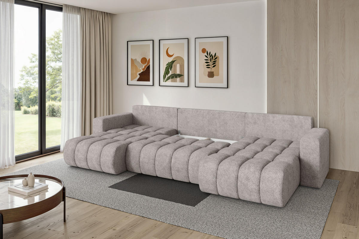 SEDACÍ SOUPRAVA DO U s funkcí spaní a úložným prostorem MILA-U-v1 378x194x86 světle šedá velur - černá/světle šedá, kompozitní dřevo/textil (378/86/194cm) - ALTDECOR