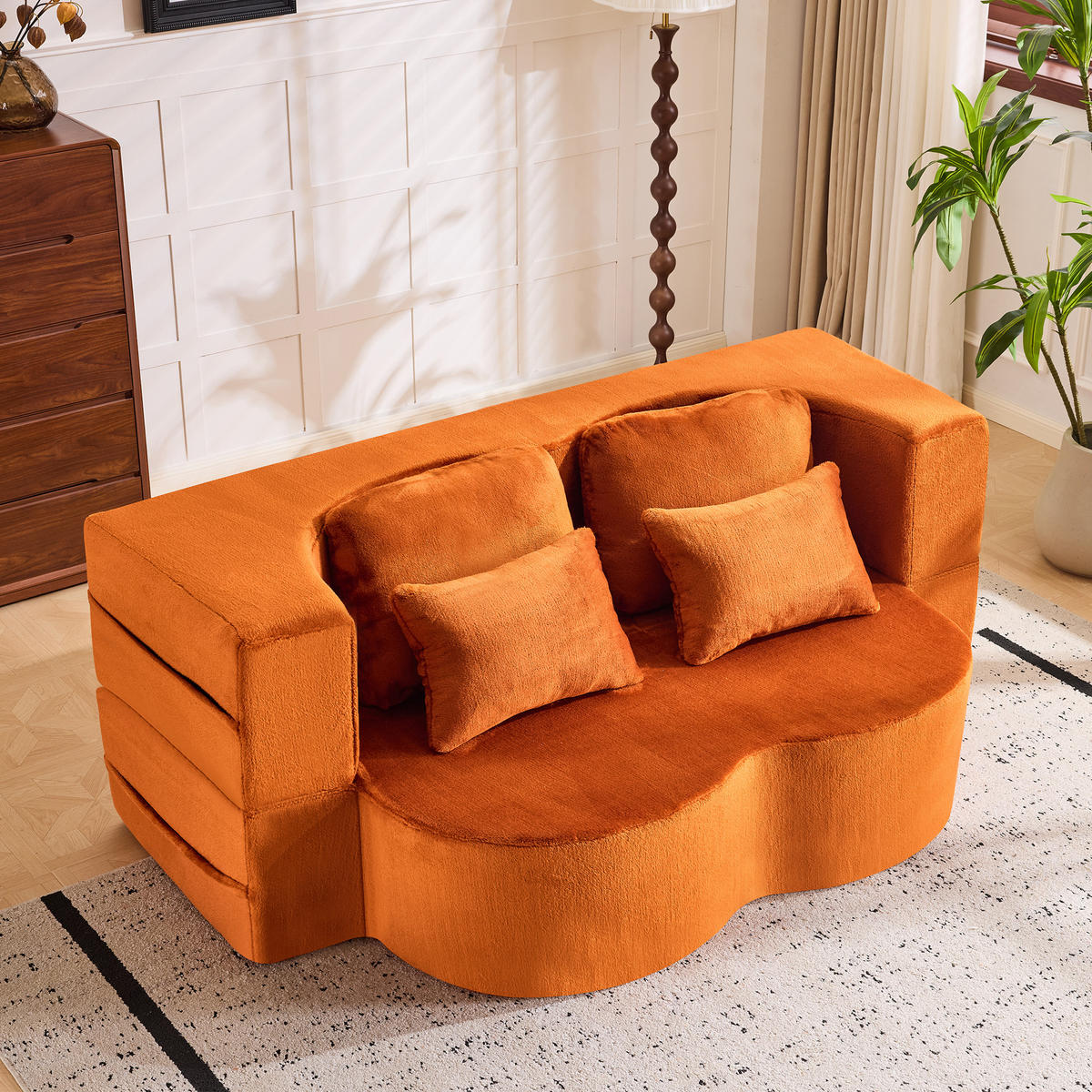 2-SITZER SCHLAFSOFA Flanell Orange mit 4 Kissen - Orange, Textil (198/76/120cm) - WISHDOR