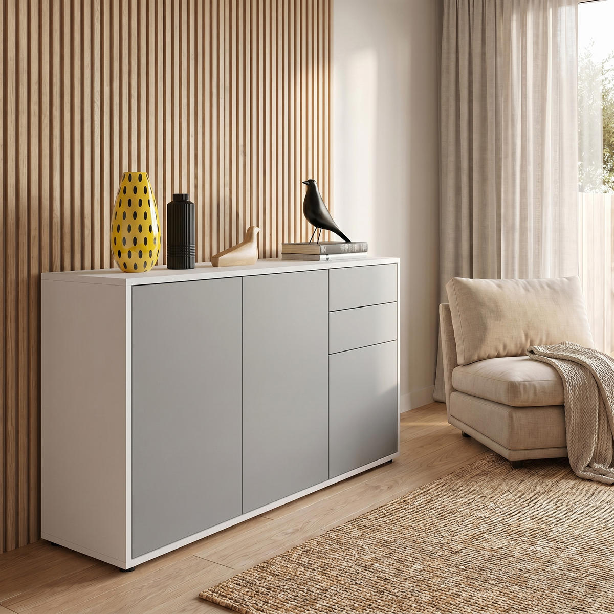 KOMMODE Ben Front in Hellgrau Seidenmatt - Greige, Holzwerkstoff (117/74/36cm) - Vladon