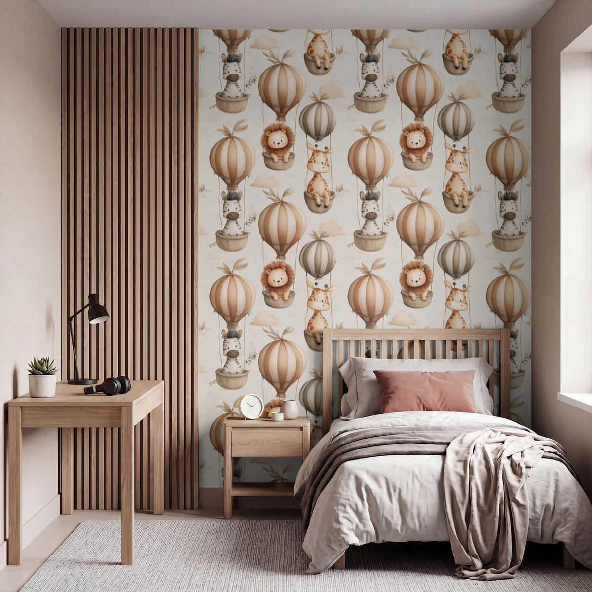 KINDERTAPETE - Safari - Heißluftballons - Taupe - 200x260 cm - Beige, Papier (200/260cm) - OnlyWow