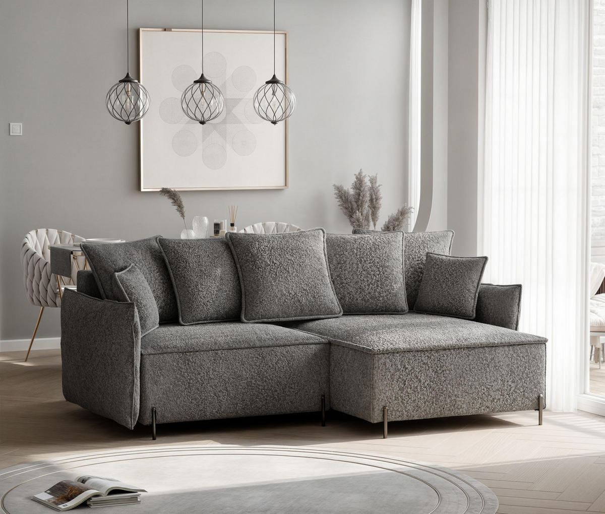 ECKSOFA MARCO Rechts, mit Schlaffunktion und Bettkasten, Dunkelgrau - Dunkelgrau, Textil/Metall (221/148cm) - Idohome