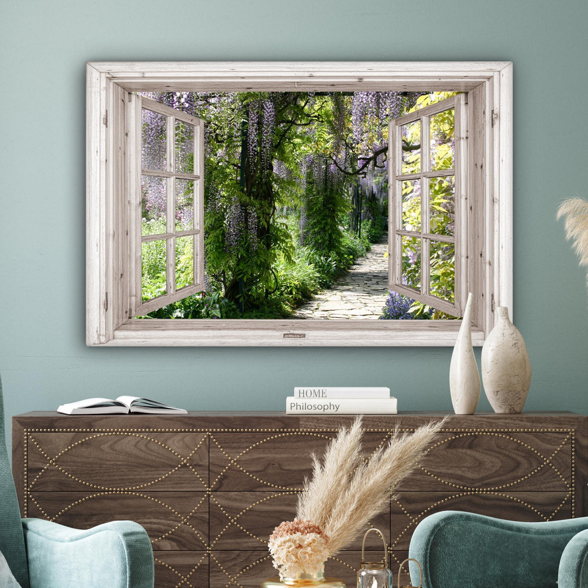 LEINWANDBILD Blauer Regen - Blumen - Aussicht - Baum - Frühling Wohnzimmer Groß 120x80 cm - Grün, Textil (120/80cm) - MuchoWow