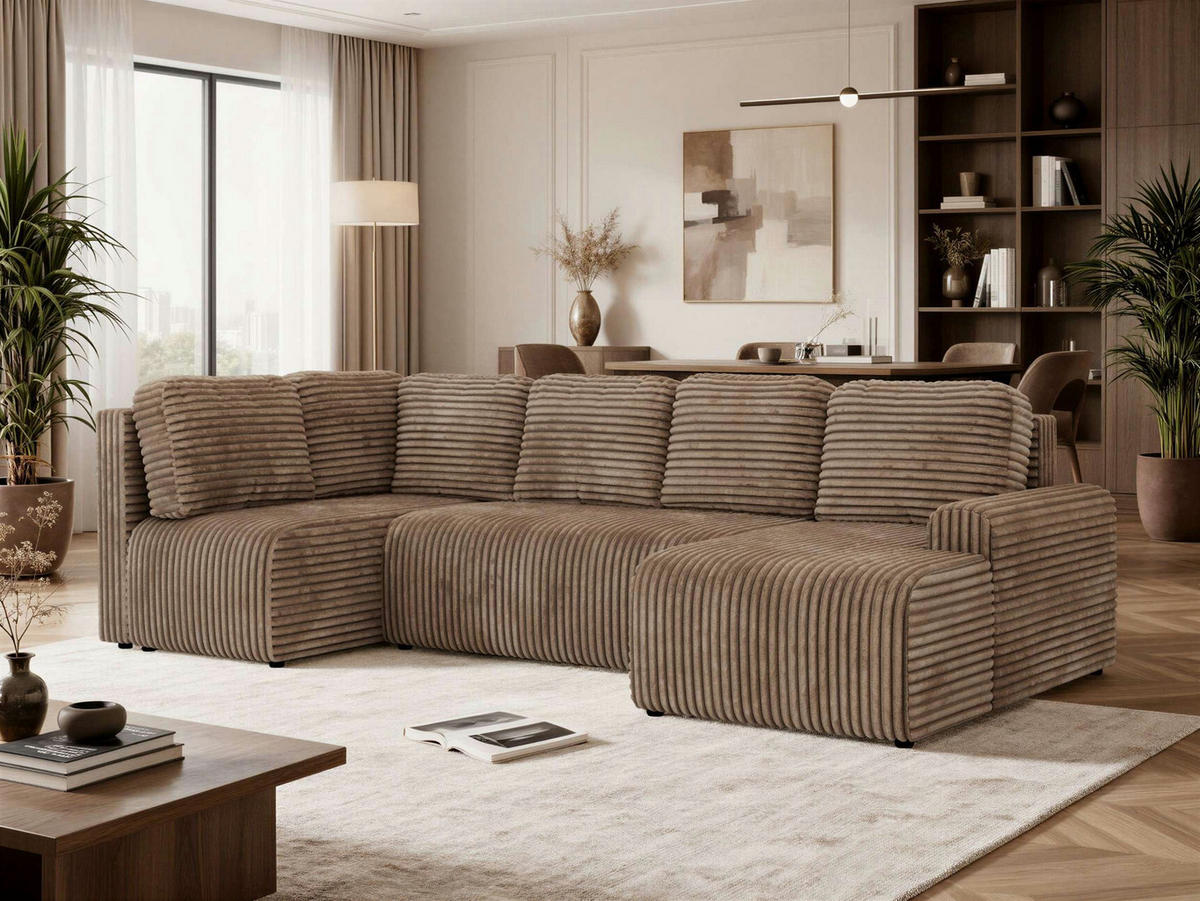 WOHNLANDSCHAFT NESSARO COR U Braun Cord - Links Seite - Schwarz/Braun, Kunststoff/Textil (307/92/151cm) - MKS