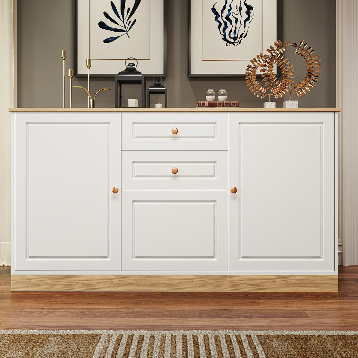 SIDEBOARD 135,5/39/76 cm mit 3 Türen, 2 Schubladen und verstellbaren Einlegeböden, Weiß und Holzfarbe - Weiß, Holzwerkstoff (135.5/76/39cm) - Redom
