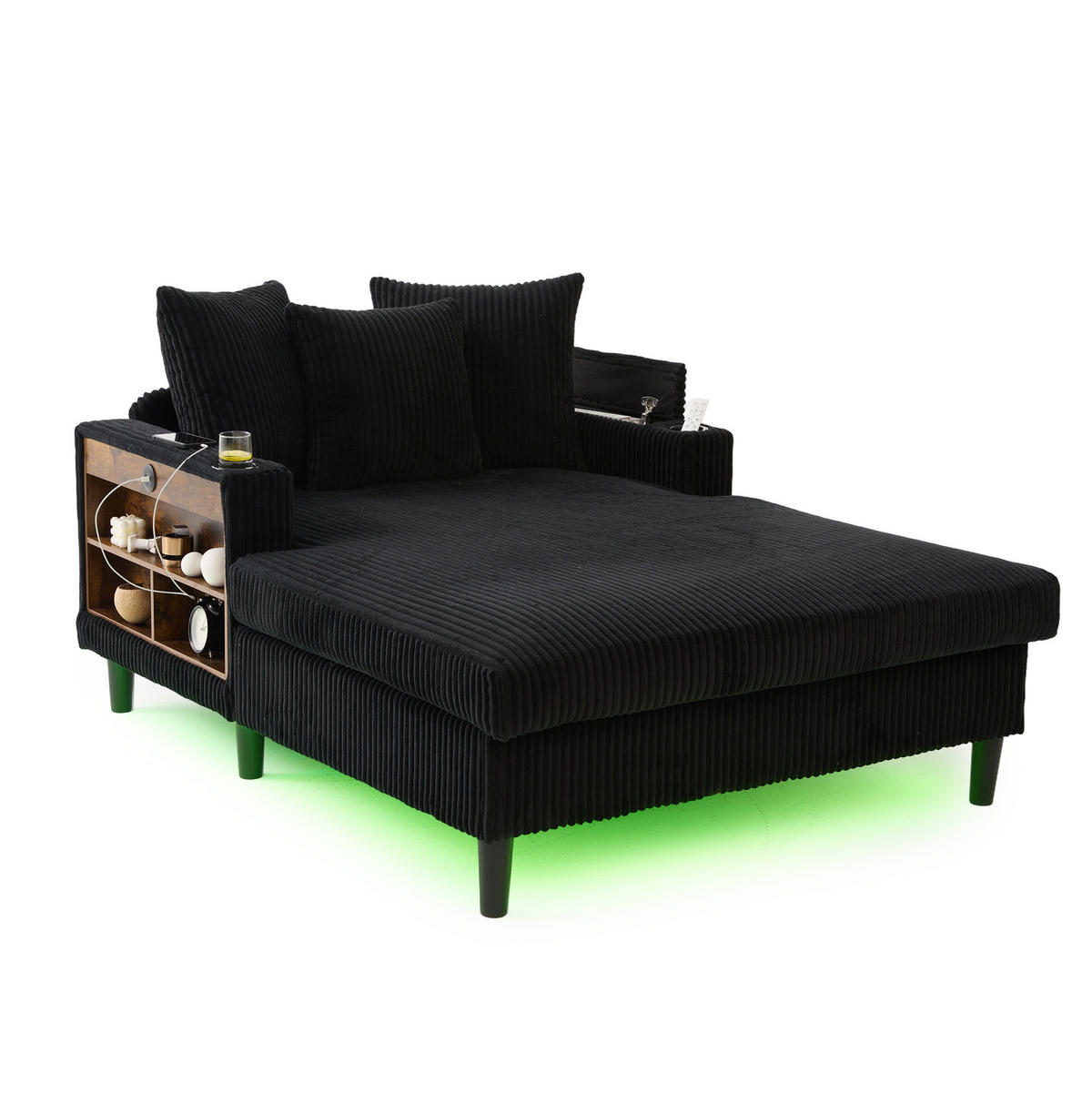 CHAISELONGUE 129/170/70 cm mit LED-Beleuchtung, USB-Anschluss, Becherhaltern und Stauraum, Schwarz - Schwarz, Textil (170/70/129cm) - Redom