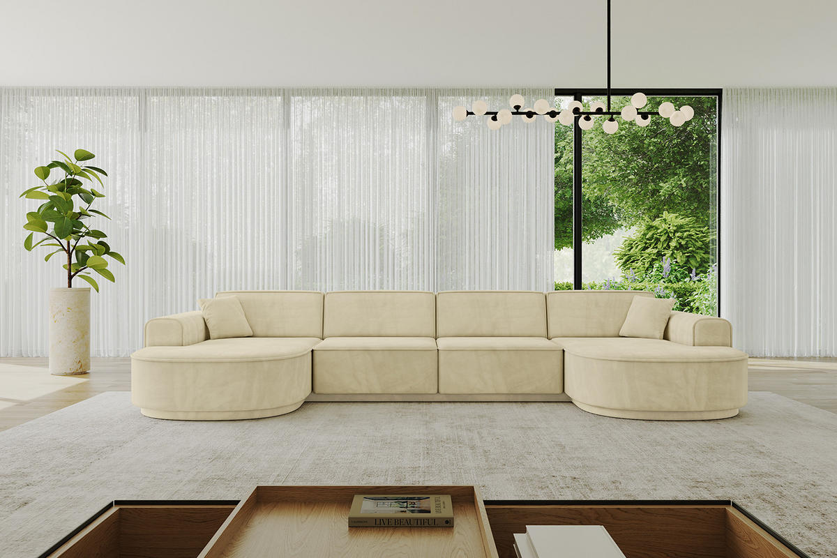 WOHNLANDSCHAFT MARI-U2-v3 - 388x171x83 cm Beige Velours - Beige/Schwarz, Holzwerkstoff/Kunststoff (388/83/171cm) - ALTDECOR