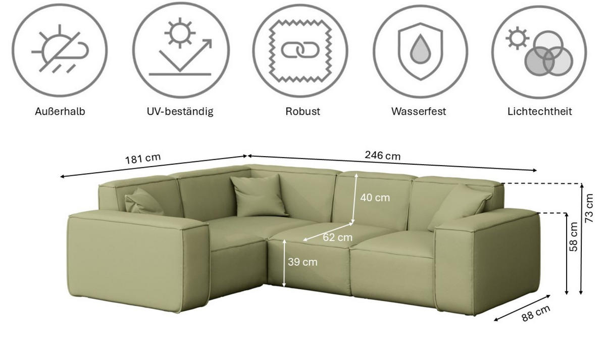 GARTENECKSOFA L-form MALIBU Stoff Odyssey Hellgrün Links - Hellgrün, Holz (181/73/246cm) - Kaiser Möbel