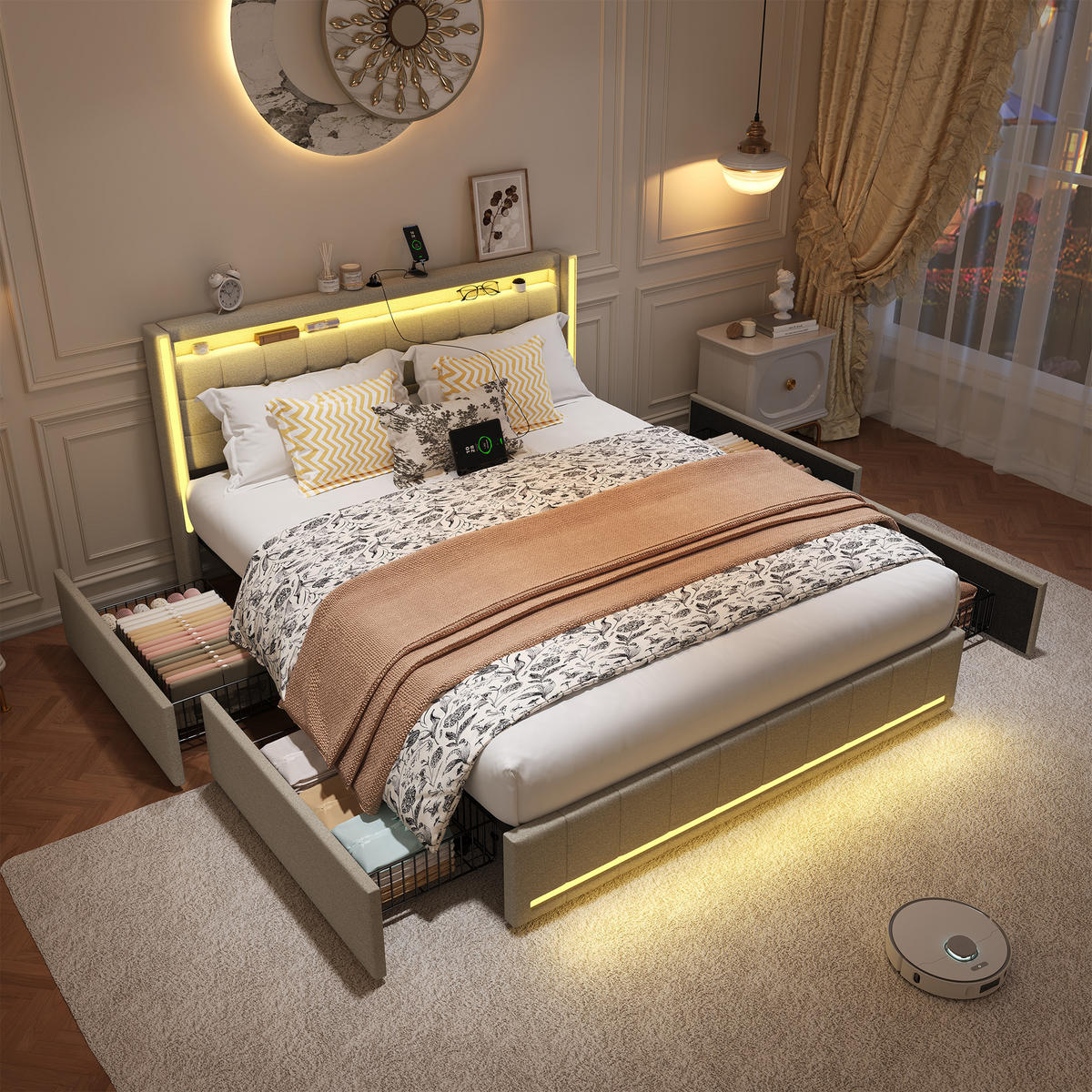 POLSTERBETT Beige 140x200 cm mit 4 Schubladen, LED und Ladefunktion - Beige, Holz/Metall (140/200cm) - PARAFTA HOME
