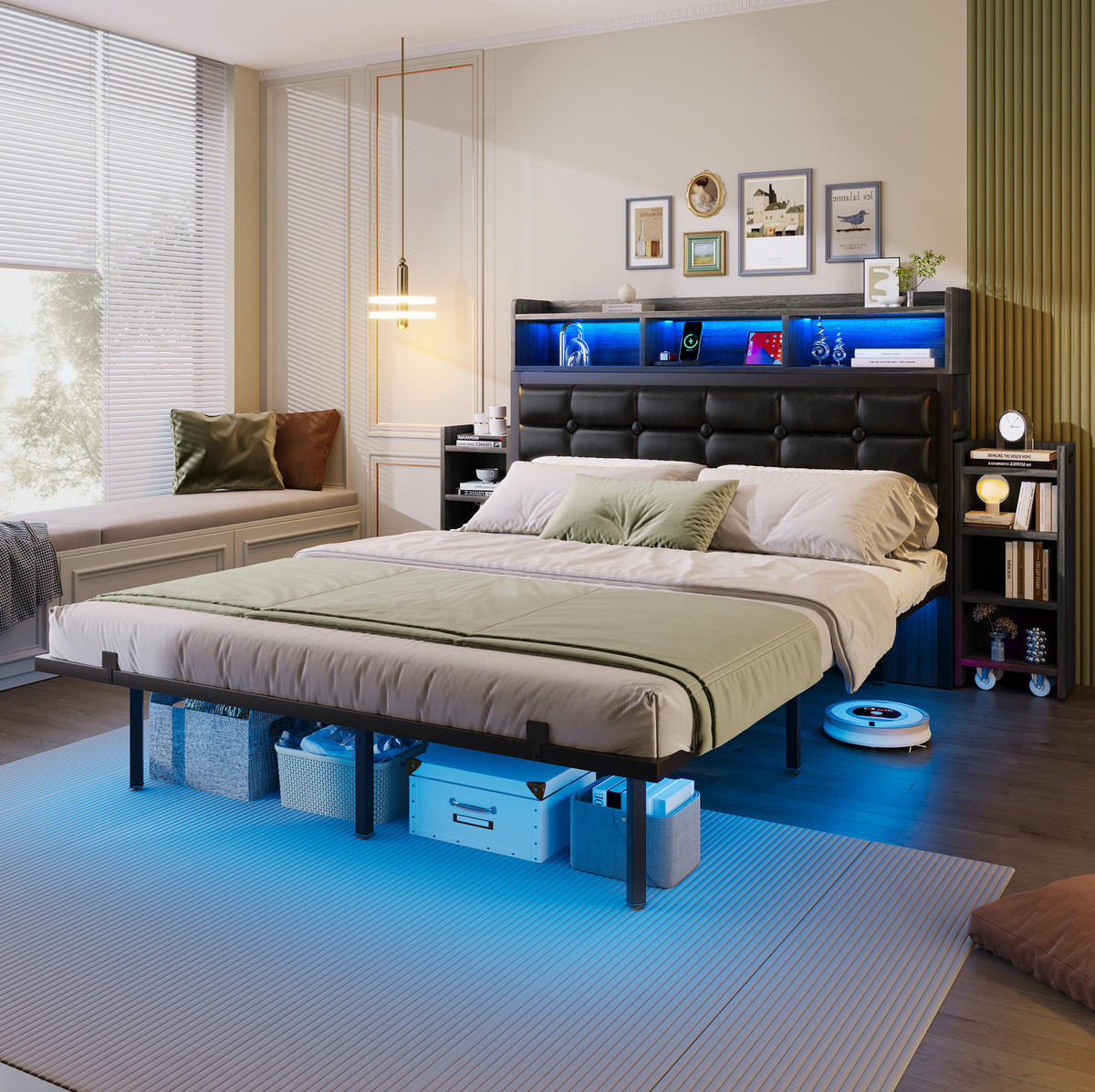 BETT aus Metall und PU 140x190 cm Grau/Weiß mit LED, USB-C, Steckdosen und 2 ausziehbaren Nachttischen - Grau, Metall (140/190cm) - Modfu