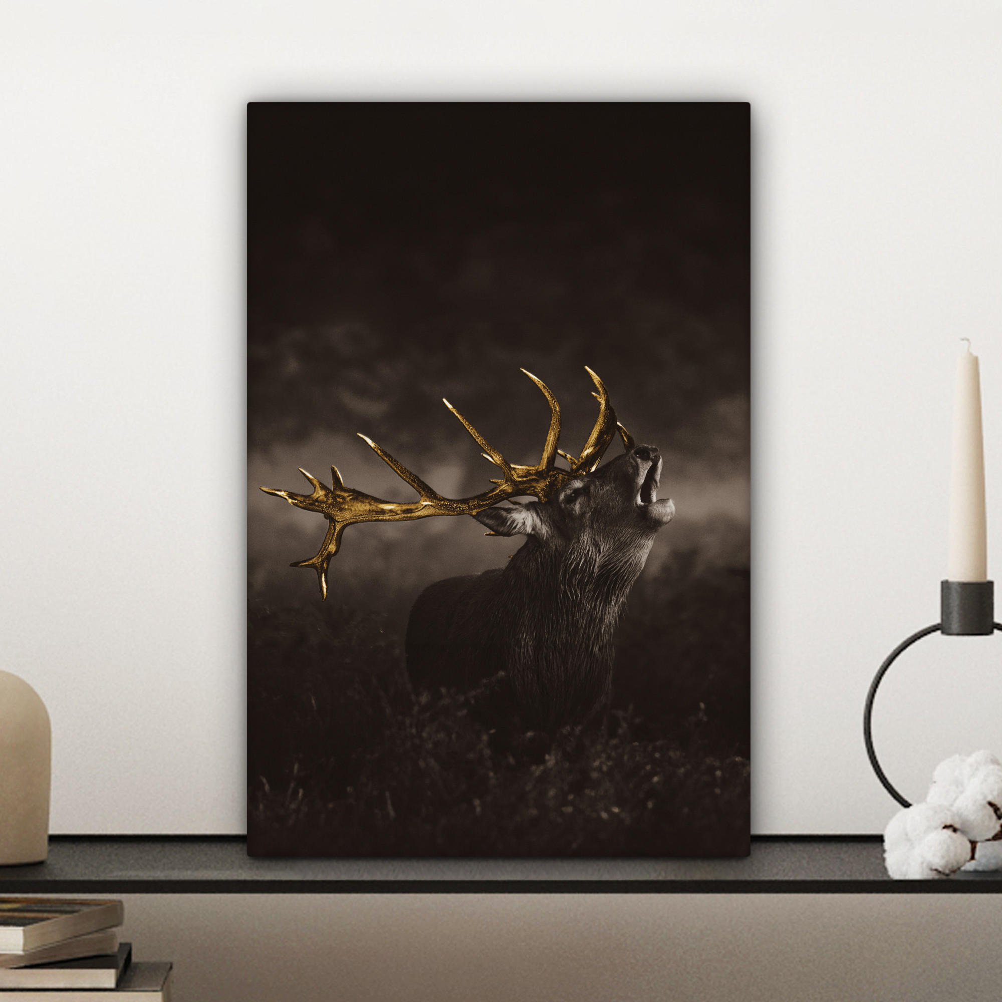 LEINWANDBILD Rotwild - Schwarz - Gold 20x30 cm - Braun, Textil (20/30cm) - MuchoWow