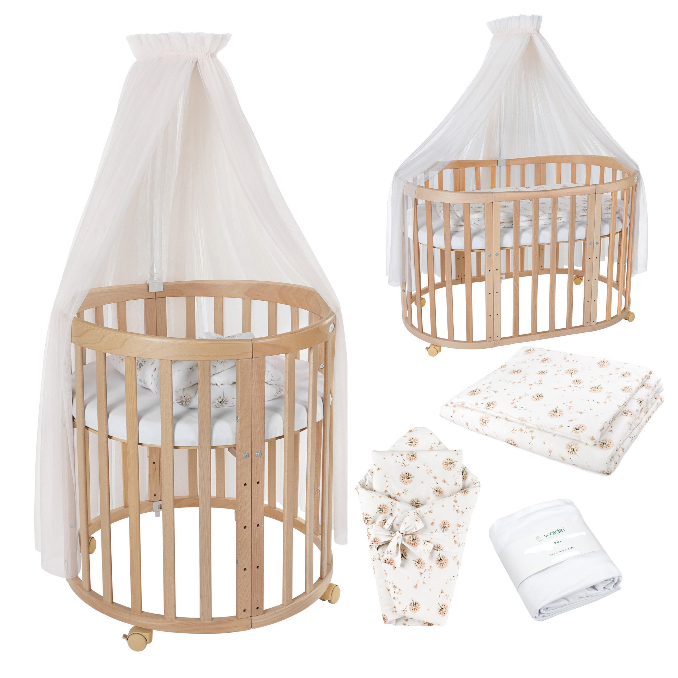 BABYBETT NATUR OVAL 7in1 mit Matratze und Himmelset - Champagner/Naturfarben, Holz/Textil