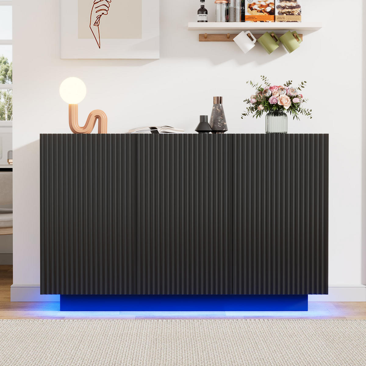 SIDEBOARD LED Schwarz Marmor 120cm Bluetooth Stauraum Modern - Schwarz, Holzwerkstoff (40/75/120cm) - FLIEKS
