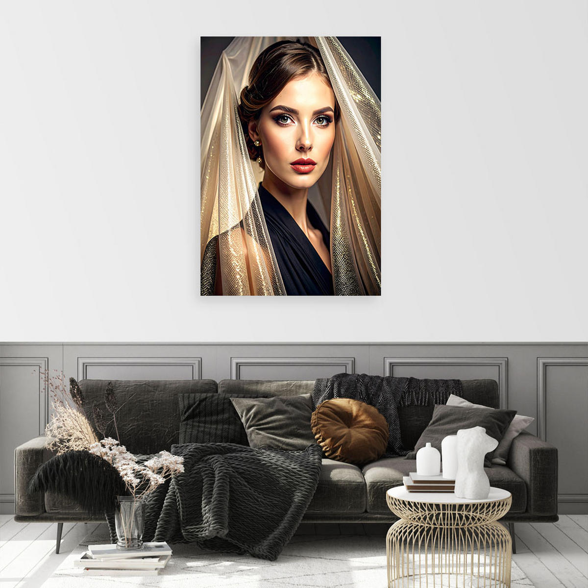 BILD auf Leinwand, Elegantes Porträt einer Frau mit goldenem Schleier - Beige, Textil (70/100cm) - Feeby