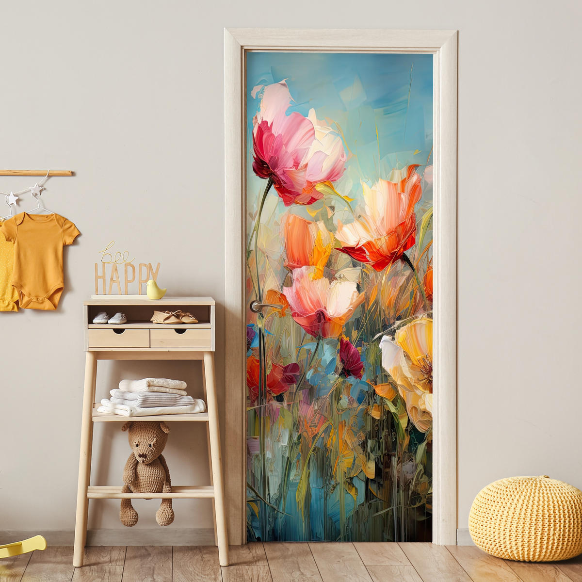 FOTOTAPETE Tür - Blumen - Aquarell - Kunst - Botanisch - Natur 95x235 cm - Orange, Kunststoff (95/0.1cm) - MuchoWow