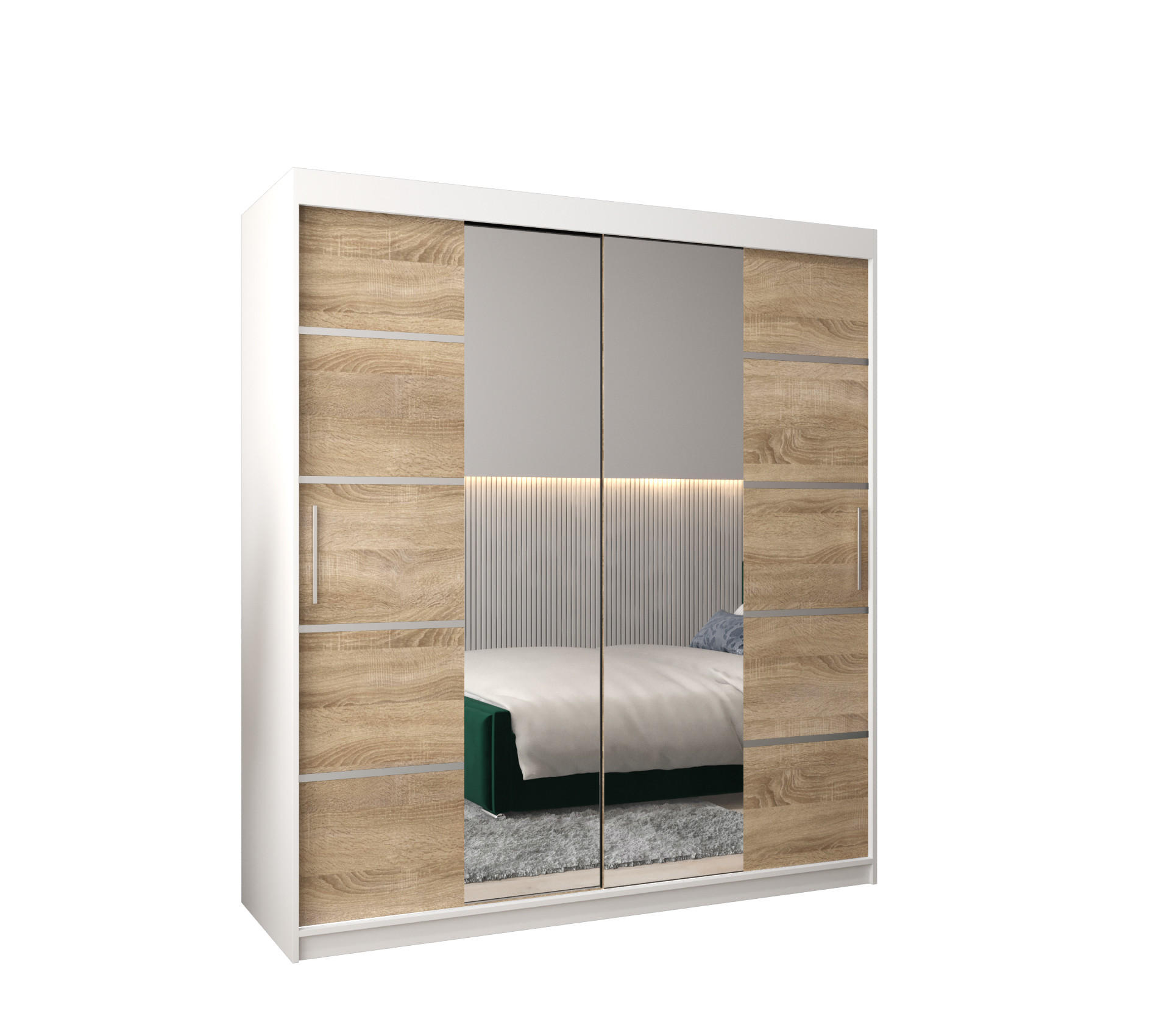 Abiks Möbel Schwebetürenschrank Weiß, Sonoma Eiche, Silber 180x200x62 cm