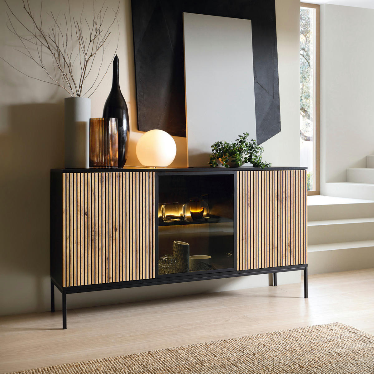 SIDEBOARD Laval K154 – Wotan-Eiche, Schwarz, mit Lamellen - Eichefarben/Eiche Wotan, Glas/Holzwerkstoff (154/83/39cm) - Komodee