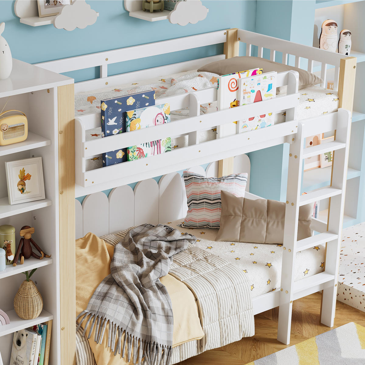 ETAGENBETT 90/200 cm Weiß+Natur mit Fallschutz und Kleiderschrank aus Kiefer und MDF - Weiß, Holzwerkstoff (90/200cm) - OKWISH