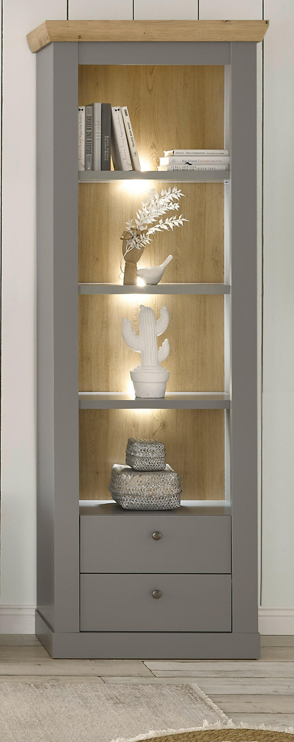 REGALSCHRANK grau, Artisan Eiche Landhaus 71 cm, Regal mit 4 Fächern - Silberfarben/Hellgrau, Holzwerkstoff/Metall (71/201/37cm) - Furn.Design