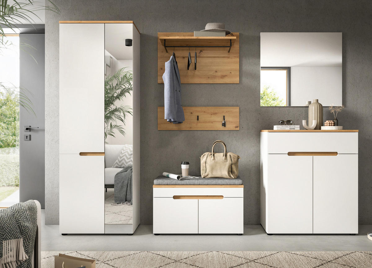 GARDEROBEN-SET weiß, Eiche Artisan 7-teilig, Komplett-Set mit Soft-Close und Sitzkissen - Weiß, Glas/Holzwerkstoff (255/190/37cm) - Inn.Furn