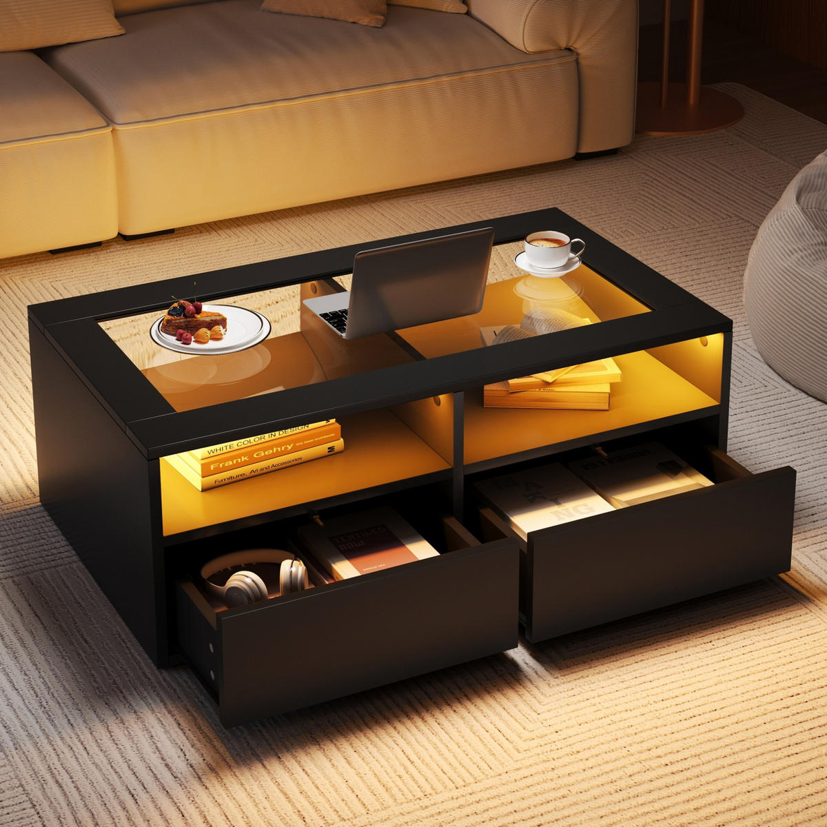 COUCHTISCH aus Glas und Spanplatte 100x50x35 cm in Schwarz mit LED - Schwarz, Holzwerkstoff (100/50/35cm) - Modfu