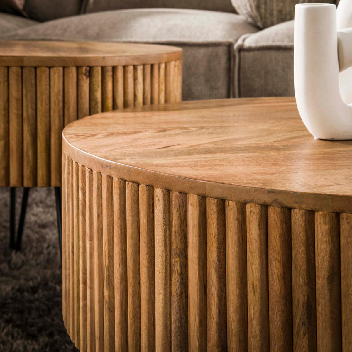COUCHTISCH Set ELIO TAMBURO Runde Satztische aus Mangoholz im Lamellen-Design - Sandfarben, Holz (80/80/38cm) - alesvelt