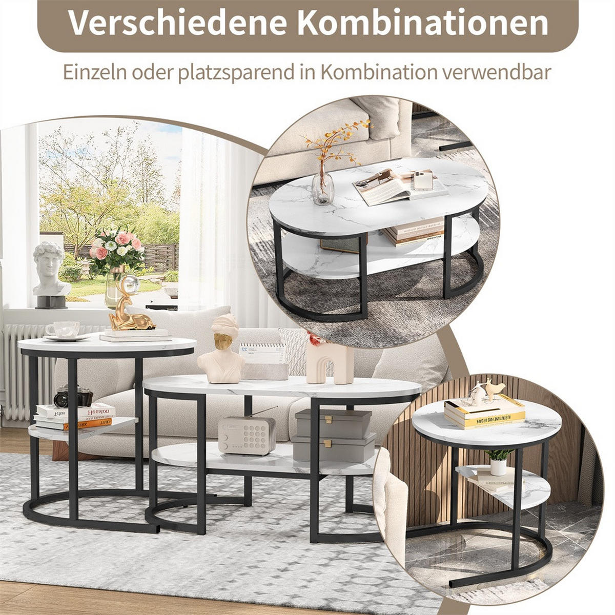 COUCHTISCH 2er-Set - Ovaler und Runder Couchtisch in Marmoroptik mit Ablage - Weiß und Schwarz - Schwarz, Holzwerkstoff (46/80/41cm) - DELFA