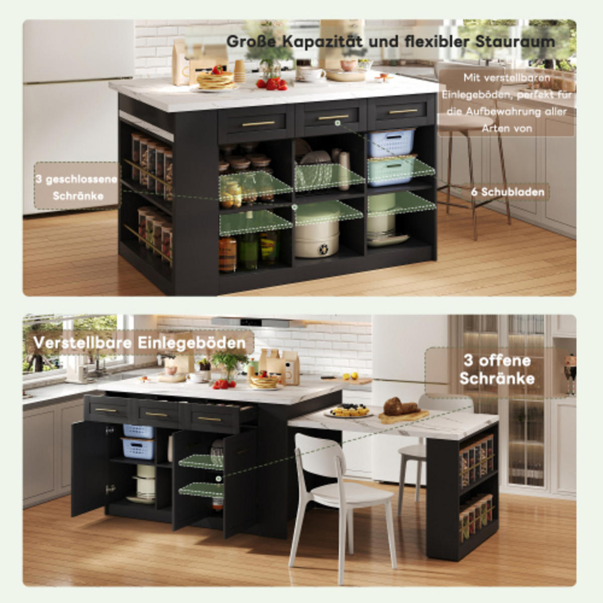 KÜCHENINSEL Schwarz-Weiß aus MDF mit integriertem ausziehbarem Esstisch 150 × 90 × 90 cm - Schwarz, Holzwerkstoff (150/90/90cm) - Luhomfu